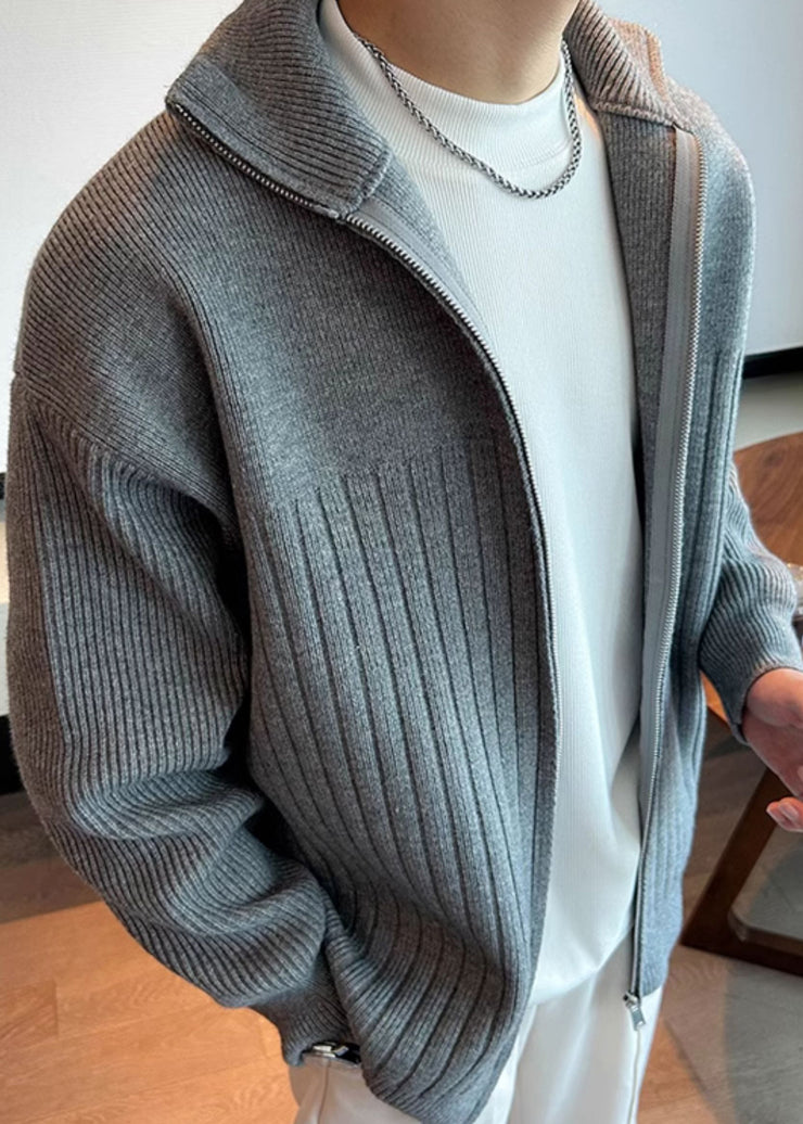 Grey Solid Knit Spring Men Coat Peter Pan Collar