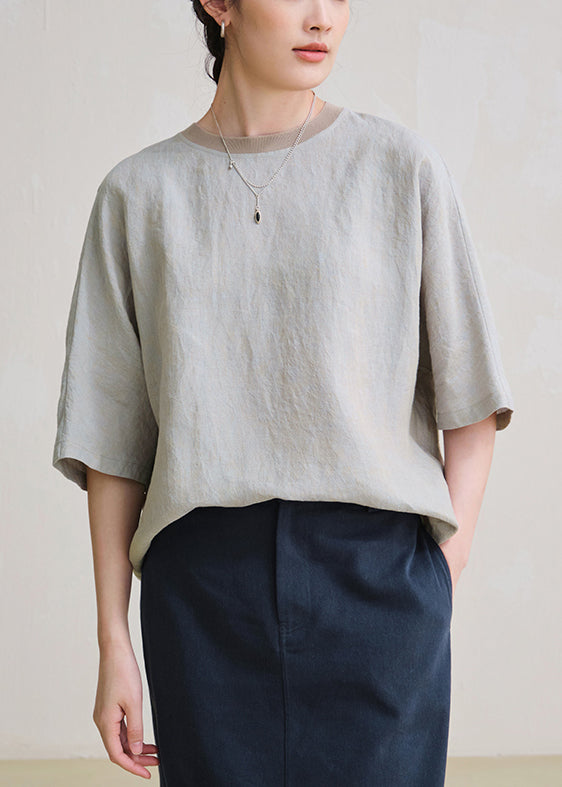 Grey Solid Oversized Linen Top O Neck Summer