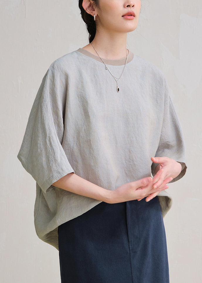 Grey Solid Oversized Linen Top O Neck Summer