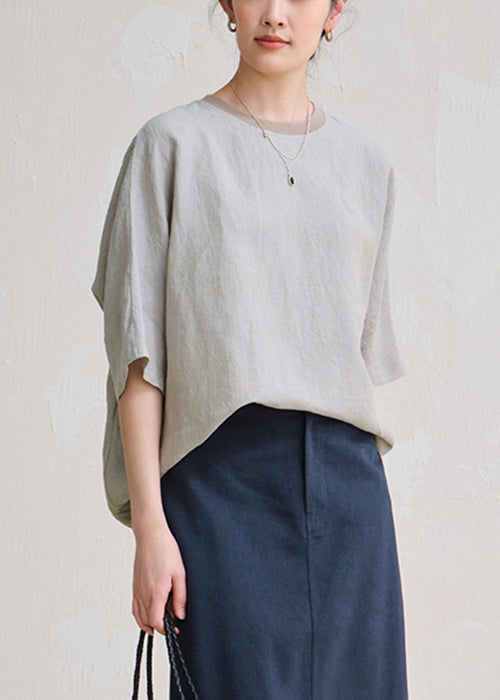 Grey Solid Oversized Linen Top O Neck Summer