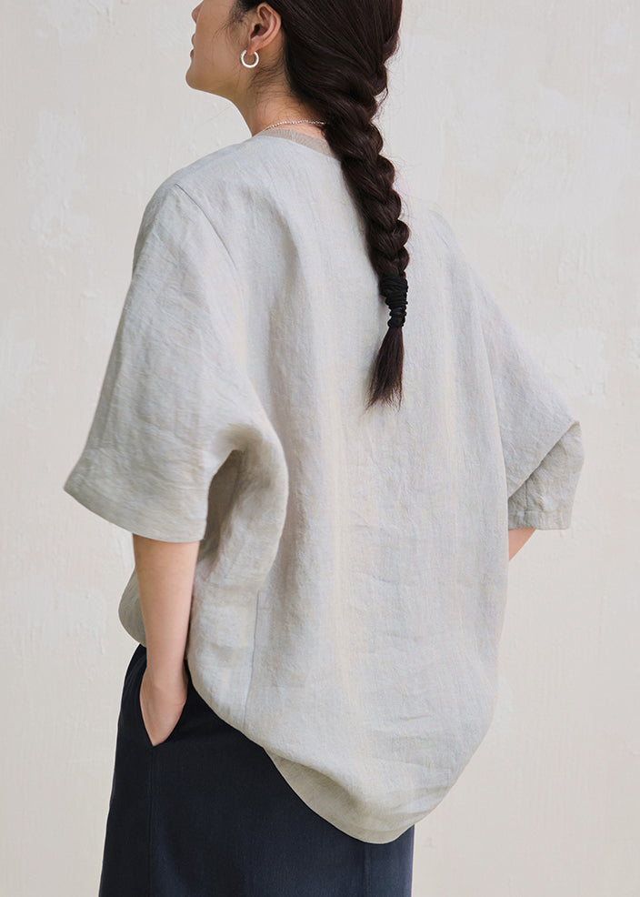 Grey Solid Oversized Linen Top O Neck Summer