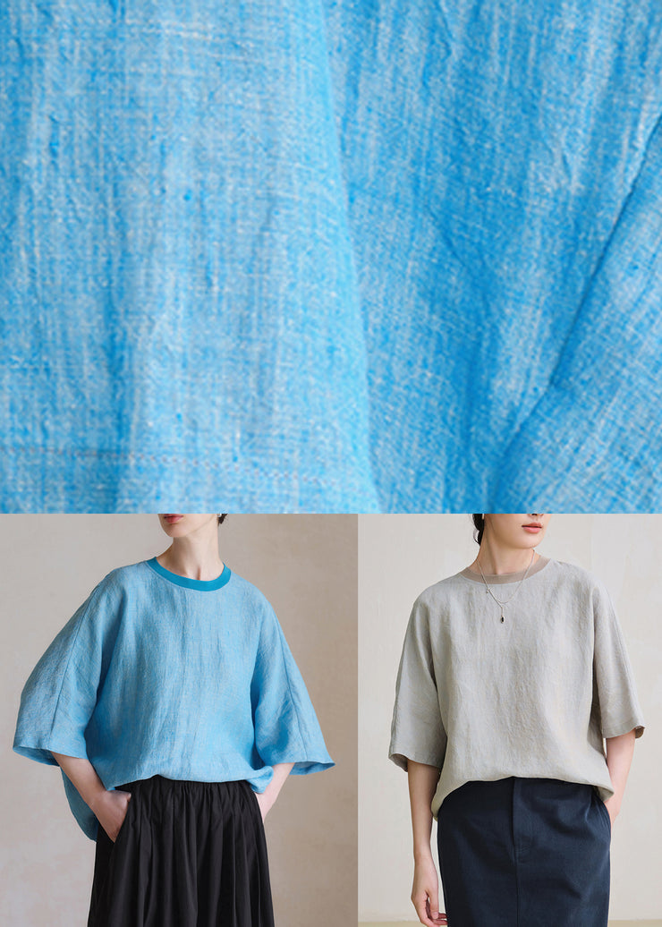 Grey Solid Oversized Linen Top O Neck Summer