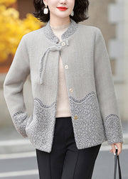 Grey Stand Collar Print Mink Velvet Coats Fall