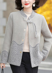 Grey Stand Collar Print Mink Velvet Coats Fall