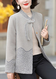 Grey Stand Collar Print Mink Velvet Coats Fall