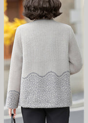 Grey Stand Collar Print Mink Velvet Coats Fall