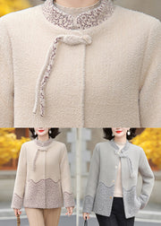 Grey Stand Collar Print Mink Velvet Coats Fall