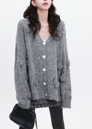 Grey Stereoscopic Floral Knit Loose Coat Oversized Winter