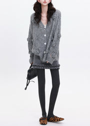 Grey Stereoscopic Floral Knit Loose Coat Oversized Winter