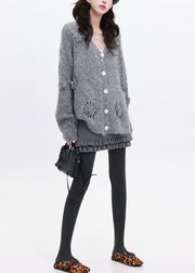 Grey Stereoscopic Floral Knit Loose Coat Oversized Winter
