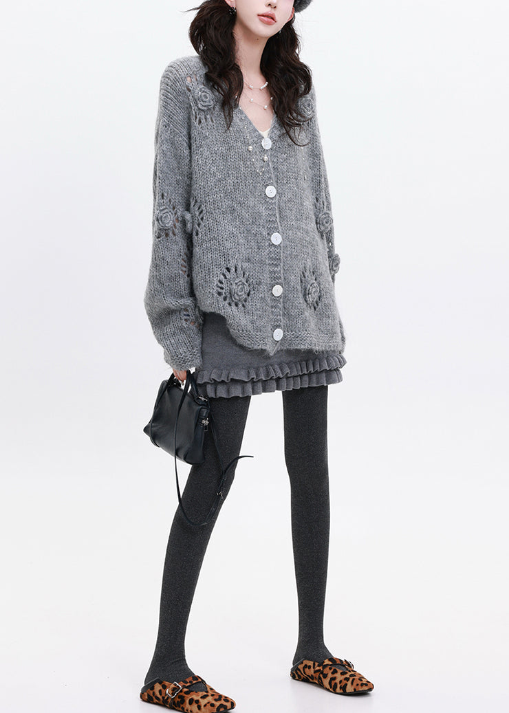 Grey Stereoscopic Floral Knit Loose Coat Oversized Winter