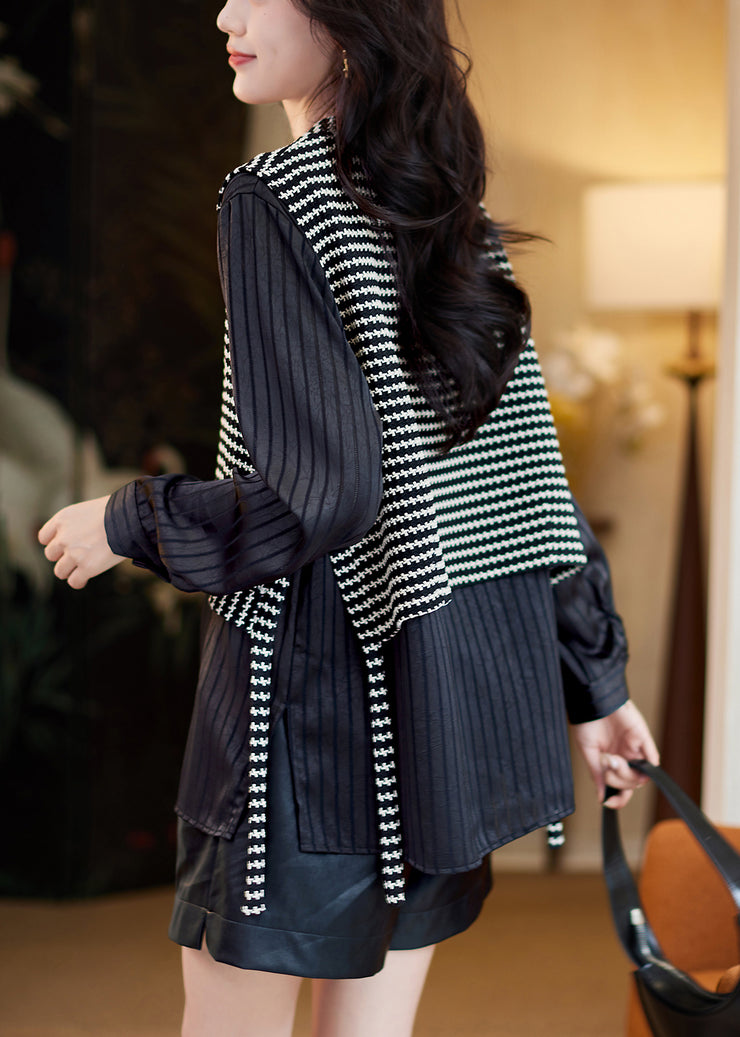 Grey Striped False Two Pieces Patchwork Cotton T Shirt Fall