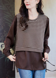 Grey Striped False Two Pieces Patchwork Cotton T Shirt Fall