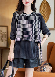 Grey Striped False Two Pieces Patchwork Cotton T Shirt Fall