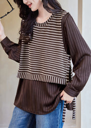 Grey Striped False Two Pieces Patchwork Cotton T Shirt Fall