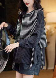 Grey Striped False Two Pieces Patchwork Cotton T Shirt Fall