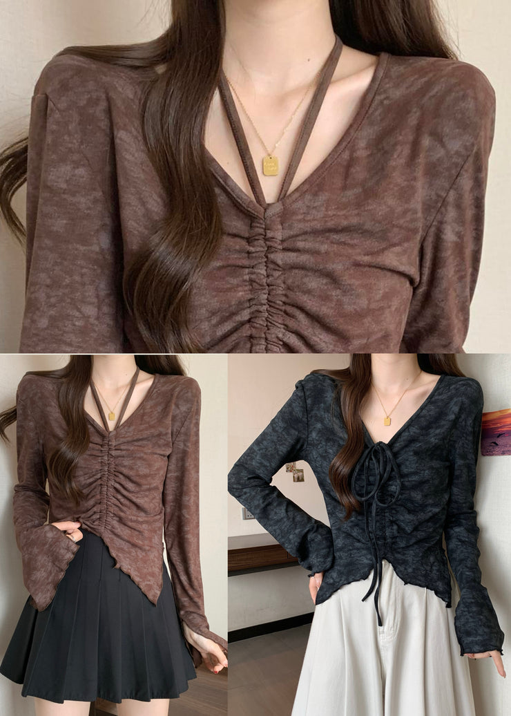 Grey Tie Dye Cotton Blouse Tops Wrinkled Fall