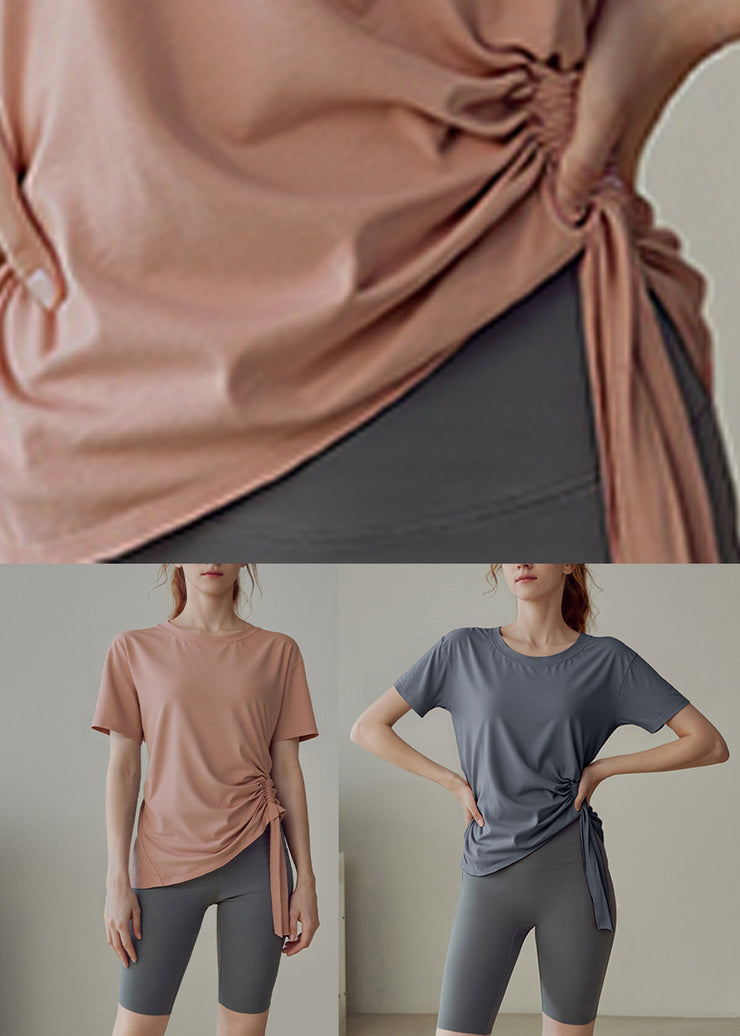 Grey Wrinkled Patchwork Solid Yoga Shirts