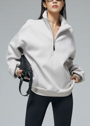 Grey Zip Up Pockets Oversized Warm Fleece Winter Sweatshirt Stand Collar