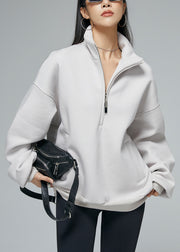 Grey Zip Up Pockets Oversized Warm Fleece Winter Sweatshirt Stand Collar