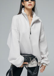 Grey Zip Up Pockets Oversized Warm Fleece Winter Sweatshirt Stand Collar