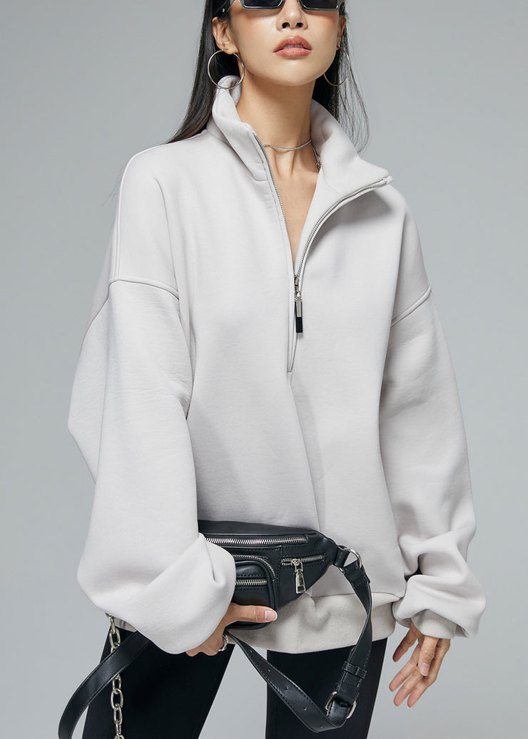 Grey Zip Up Pockets Oversized Warm Fleece Winter Sweatshirt Stand Collar