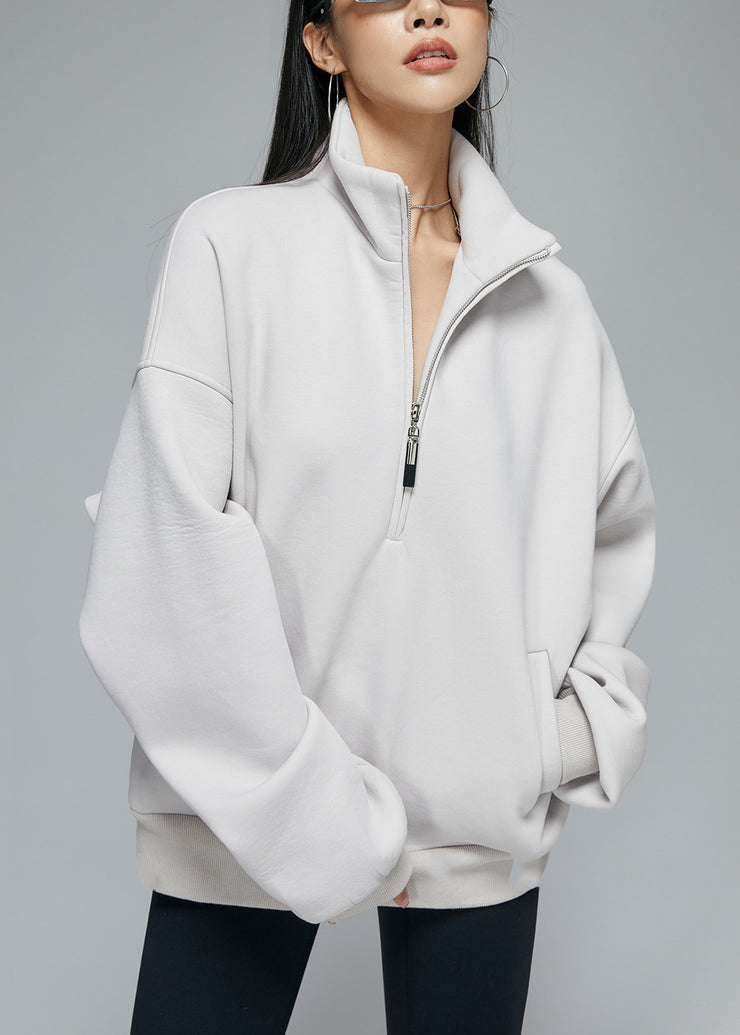 Grey Zip Up Pockets Oversized Warm Fleece Winter Sweatshirt Stand Collar