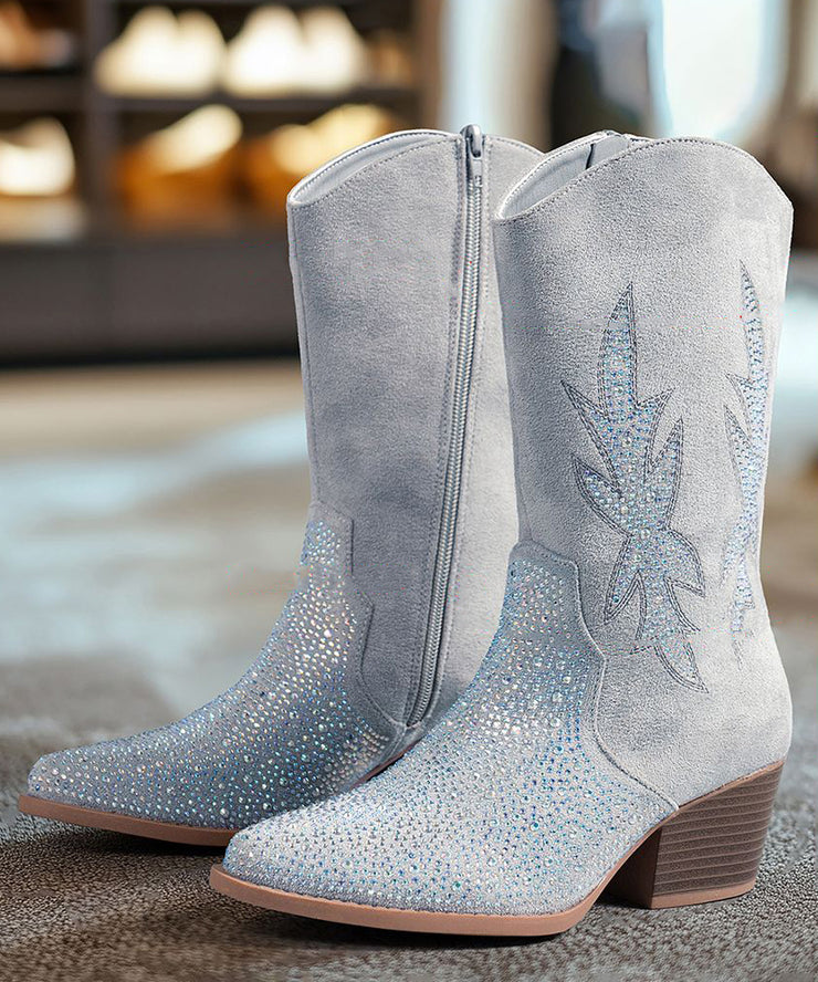 Grey Zippered Boots Chunky Suede Soft Pointed Toe Zircon Boots