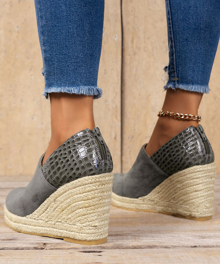 Grey Zippered Crocodile Faux Leather Splicing High Wedge Heels Shoes