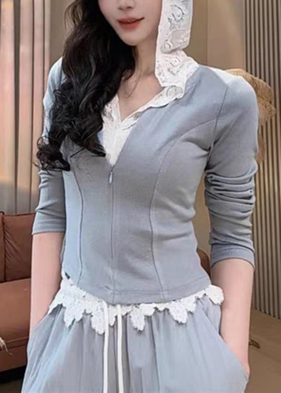 Grey Zippered Hooded Sweatshirt And Pants Women Two Pieces Set Spring