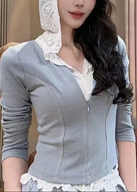 Grey Zippered Hooded Sweatshirt And Pants Women Two Pieces Set Spring