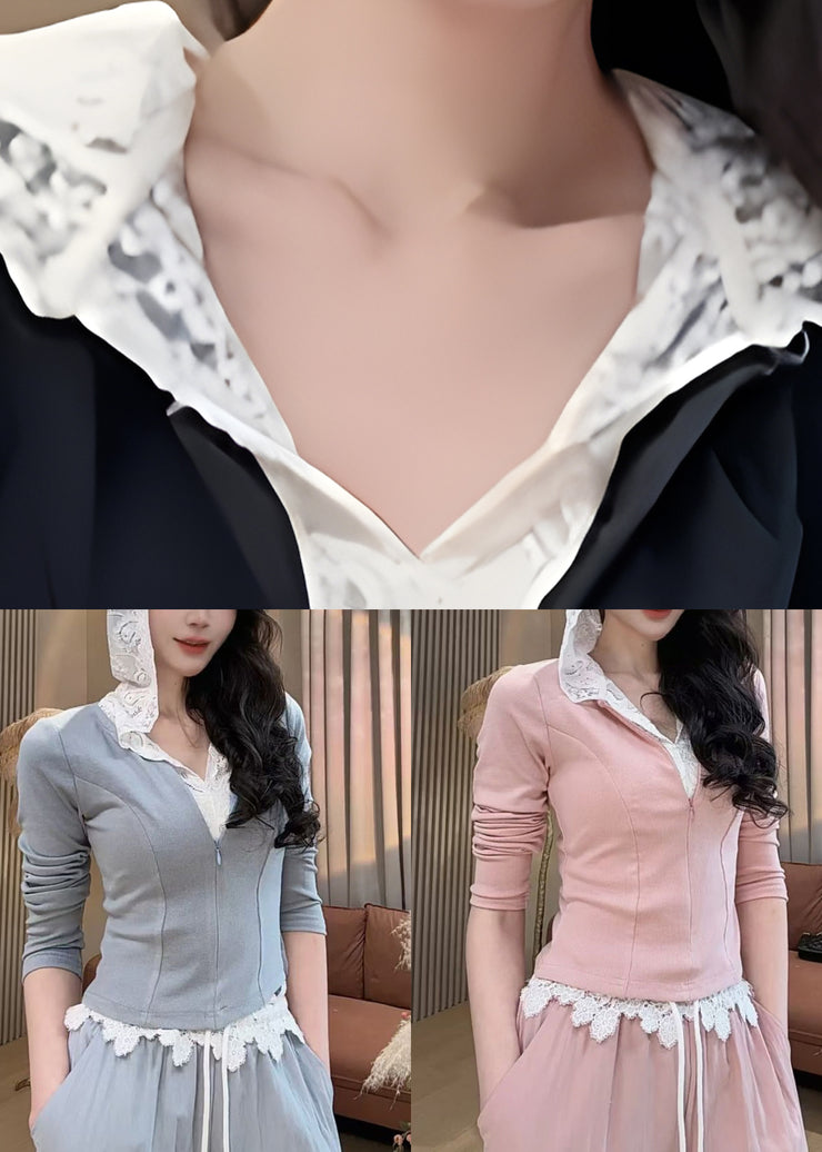 Grey Zippered Hooded Sweatshirt And Pants Women Two Pieces Set Spring