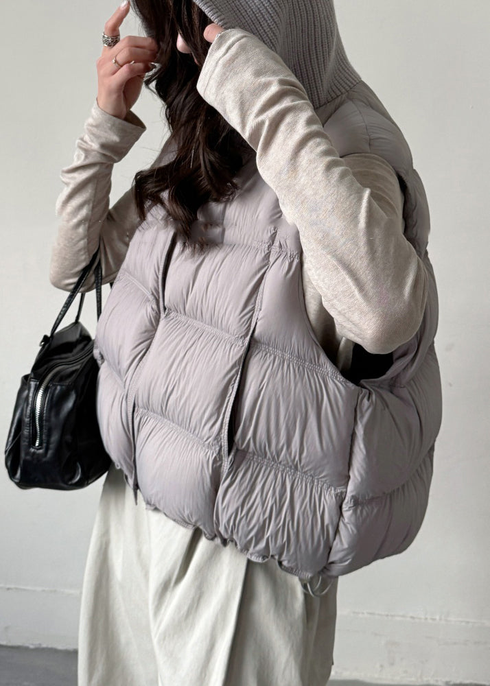 Grey Zippered Knit Patchwork Duck Down Waistcoat Hooded Sleeveless