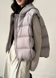 Grey Zippered Knit Patchwork Duck Down Waistcoat Hooded Sleeveless