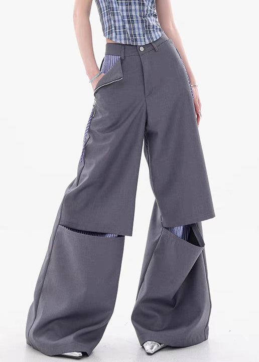 Grey Zippered Patchwork False Two Pieces Cotton Fall Pants Hole