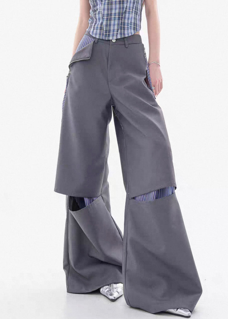 Grey Zippered Patchwork False Two Pieces Cotton Fall Pants Hole