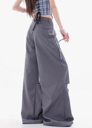 Grey Zippered Patchwork False Two Pieces Cotton Fall Pants Hole