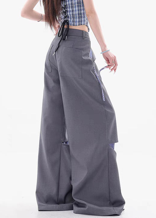 Grey Zippered Patchwork False Two Pieces Cotton Fall Pants Hole