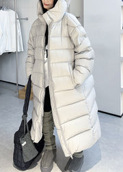 Grey Zippered Pockets Duck Down Winter Puffer Long Coat Hooded