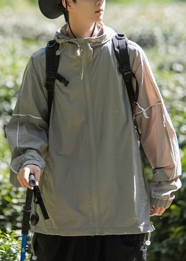 Grey Zippered Pockets Ice Silk Men UPF 50+ Coat Hooded Summer