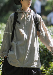 Grey Zippered Pockets Ice Silk Men UPF 50+ Coat Hooded Summer