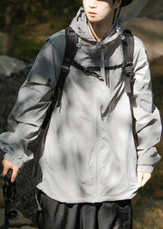 Grey Zippered Pockets Ice Silk Men UPF 50+ Coat Hooded Summer