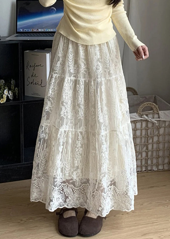 Handmade Apricot Elastic Waist Patchwork Lace Skirt Summer
