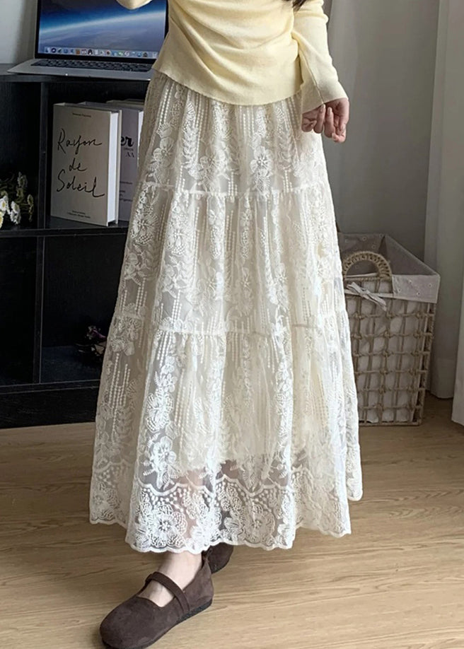 Handmade Apricot Elastic Waist Patchwork Lace Skirt Summer