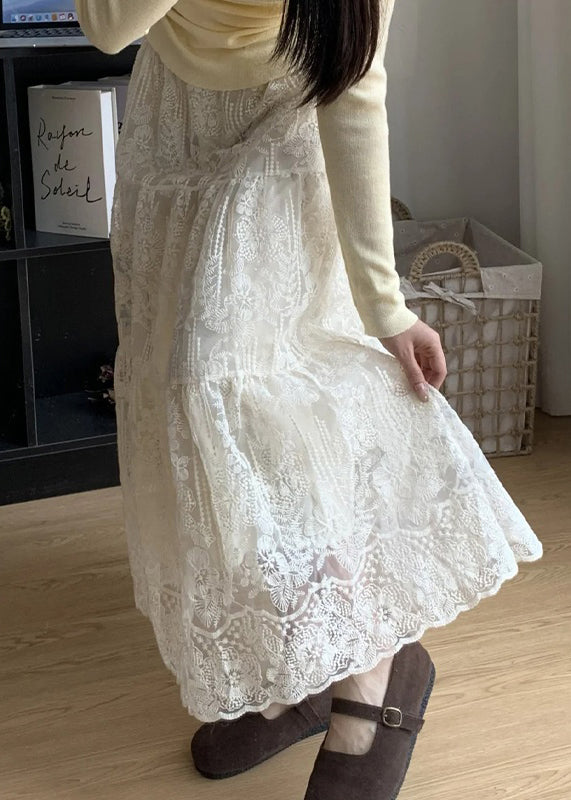 Handmade Apricot Elastic Waist Patchwork Lace Skirt Summer