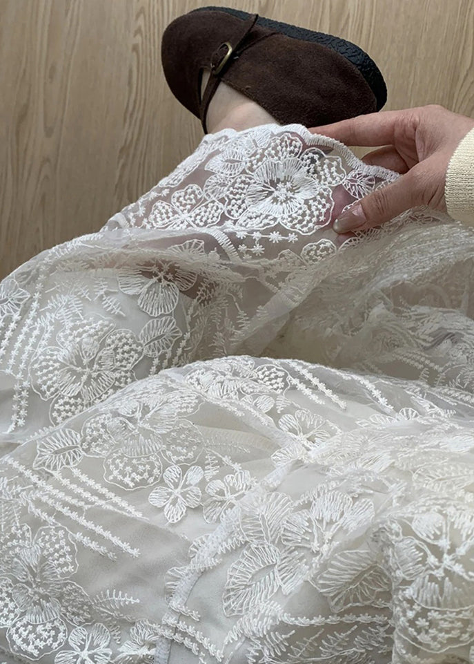Handmade Apricot Elastic Waist Patchwork Lace Skirt Summer