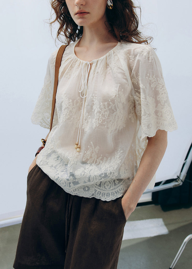 Handmade Apricot O Neck Embroidered Cotton Shirt Fall