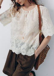 Handmade Apricot O Neck Embroidered Cotton Shirt Fall