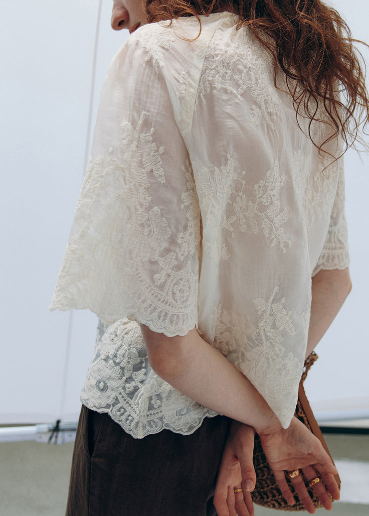 Handmade Apricot O Neck Embroidered Cotton Shirt Fall