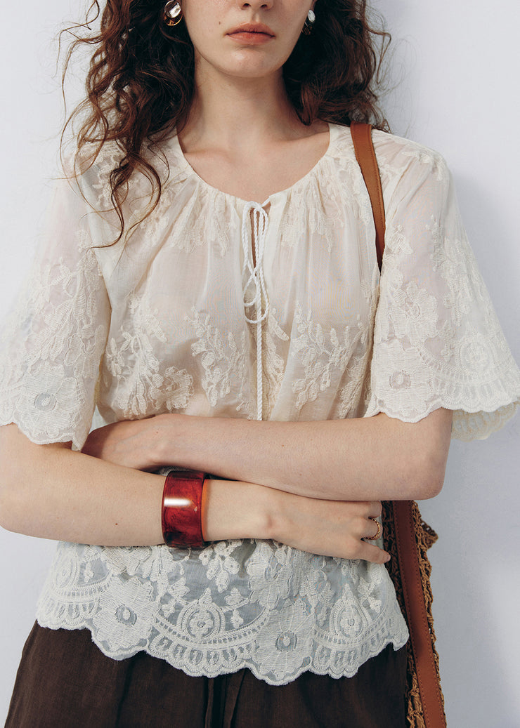Handmade Apricot O Neck Embroidered Cotton Shirt Fall